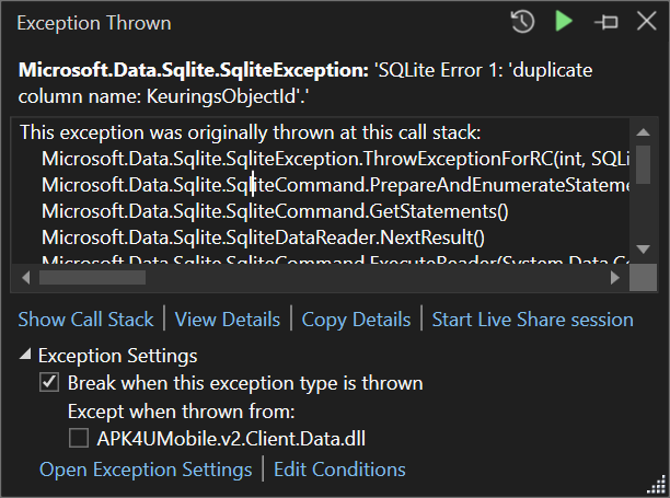"Exception Thrown" plate in visual studio