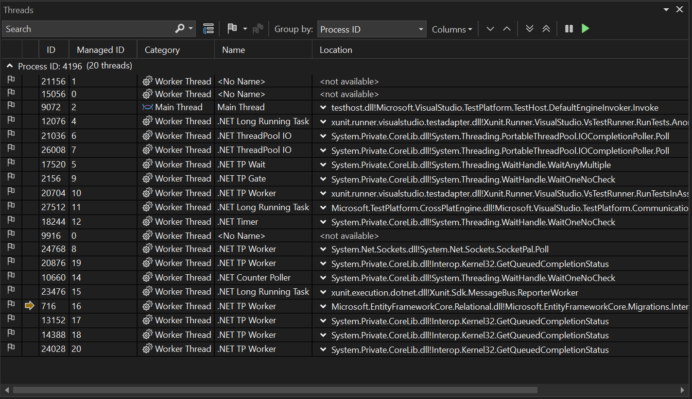 The threads window in visual studio