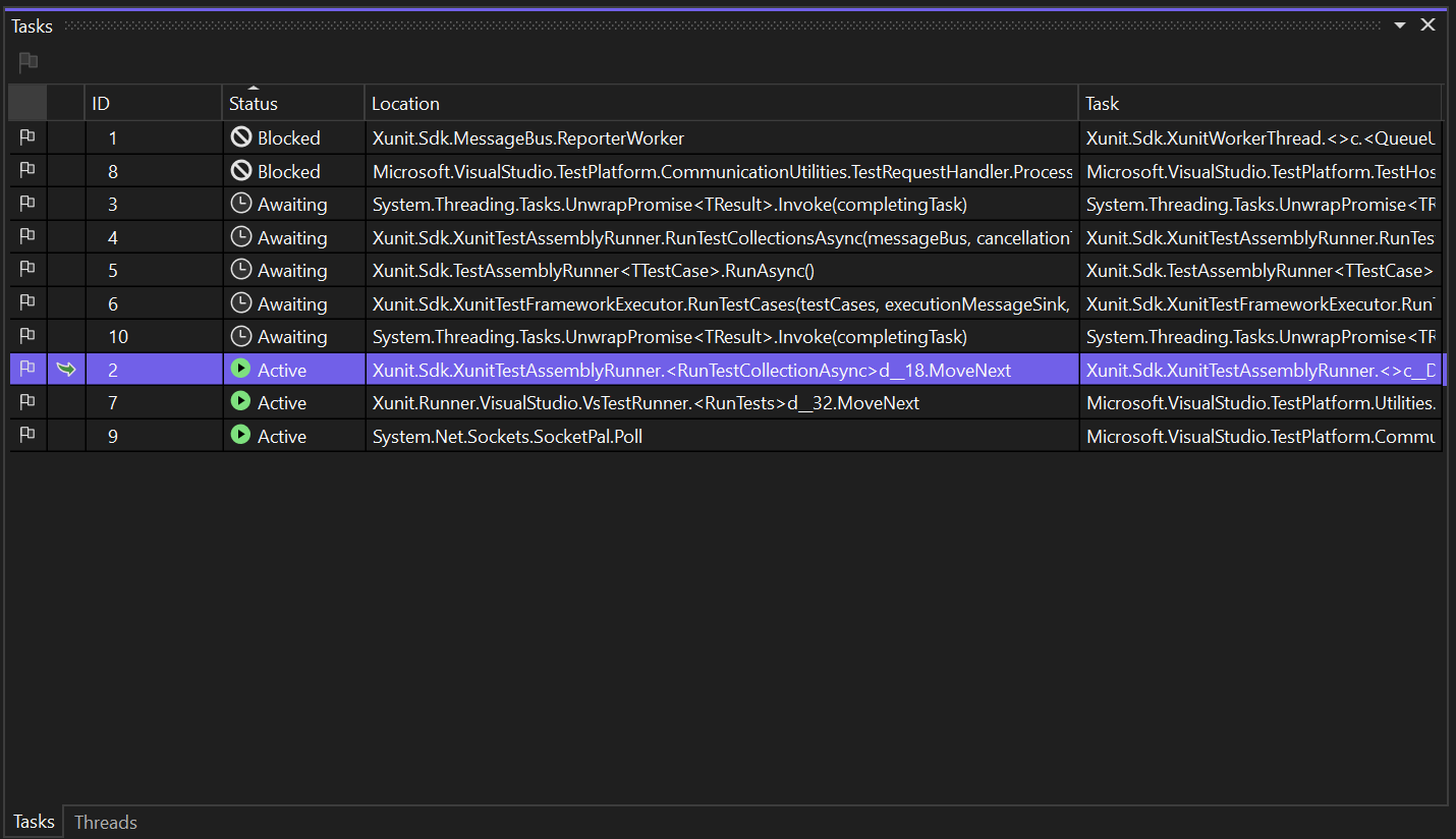 The tasks window showing current state of running tasks
